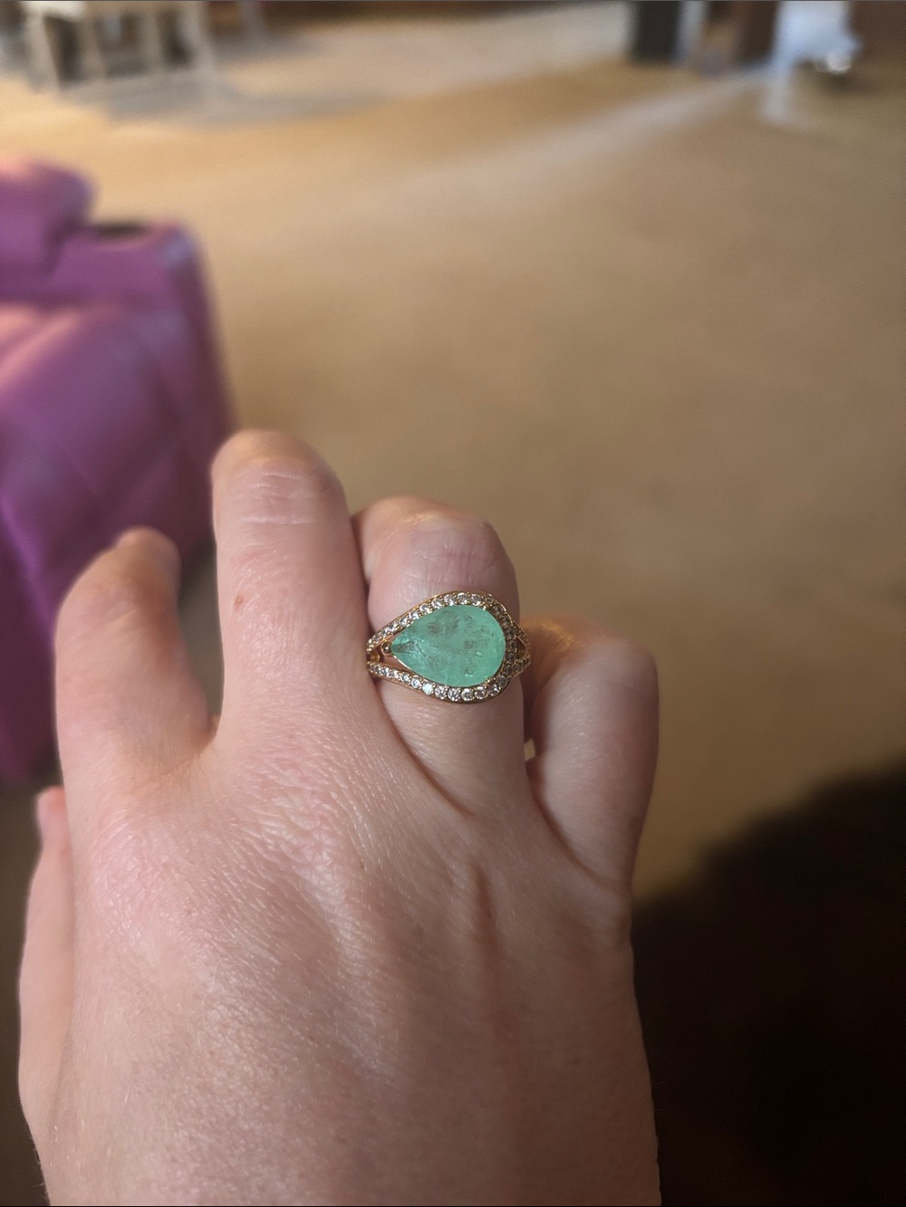 Gold Teardrop Green Gemstone Halo Ring